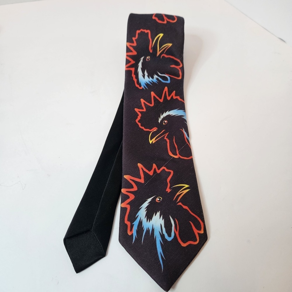 Vintage Ralph Marlin Fowl Rooster Necktie Black Bk Novelty Tie 1990 USA Graphic